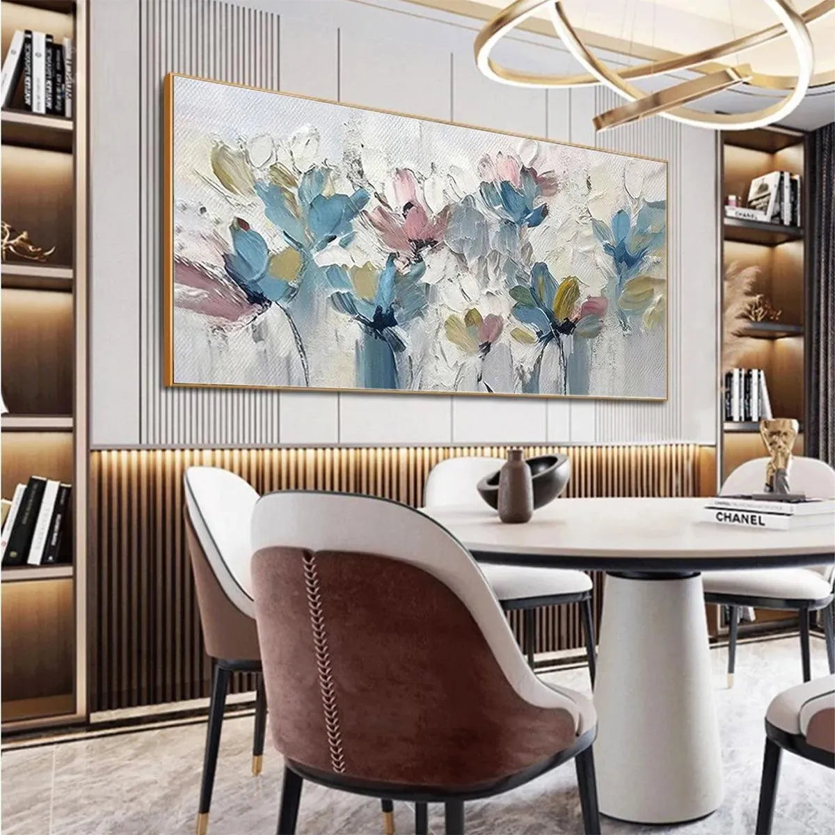Panoramic impressionist painting of textured pastel flowers in a dining room setting.