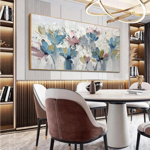 Panoramic impressionist painting of textured pastel flowers in a dining room setting.