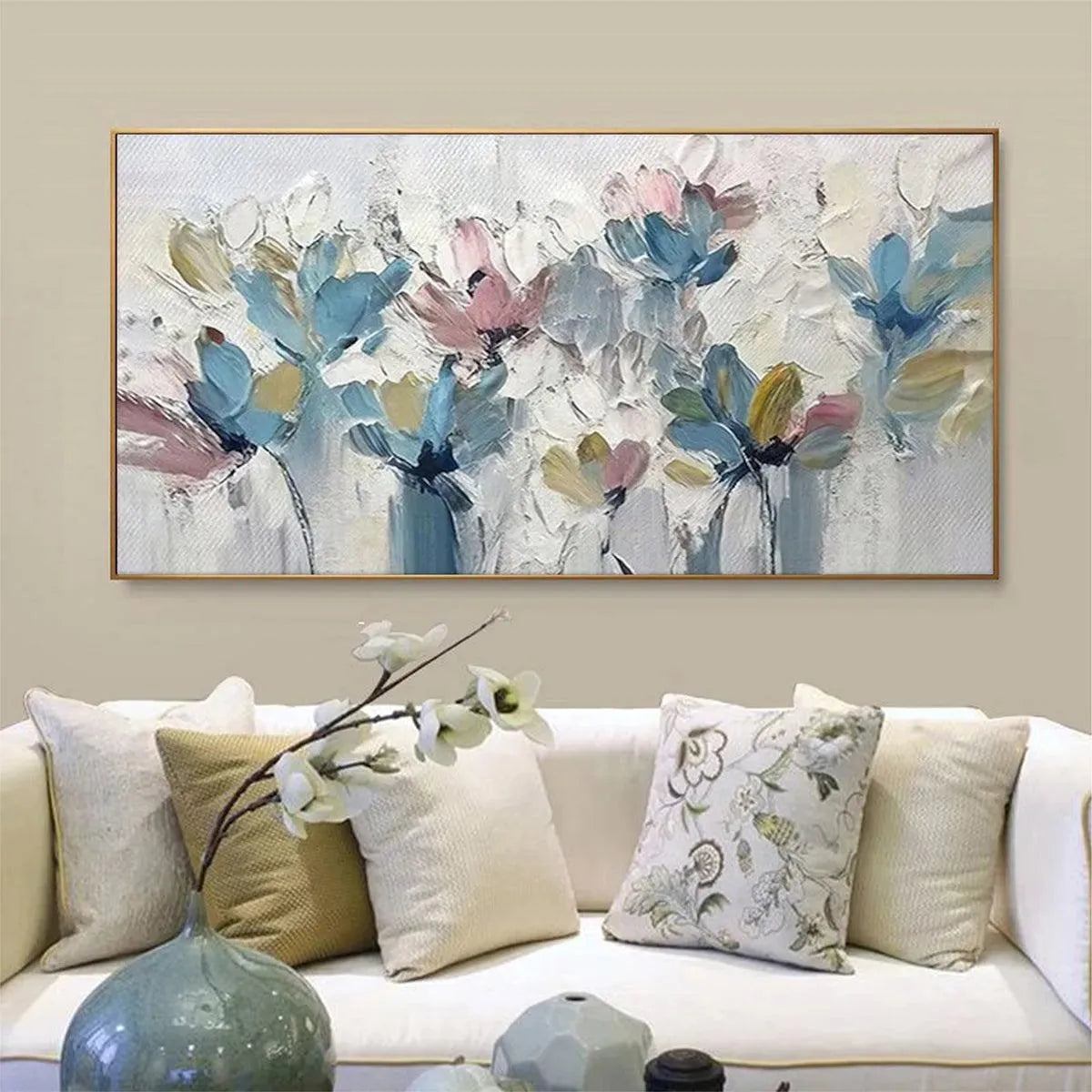 Panoramic impasto floral painting in soft pastel pink, blue, yellow and white, framed in gold. Impressionist wall art.