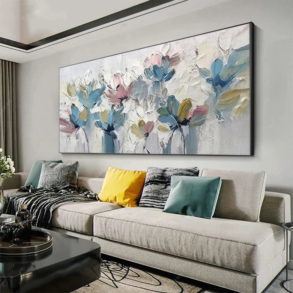 Textured panoramic floral painting in pastel hues of pink, blue, and yellow. Impressionist style wall art by Elodie Dubois.