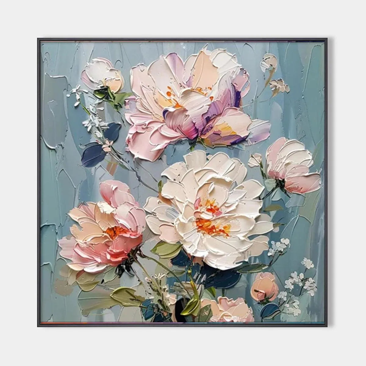 Textured Peony Painting, Impasto Floral Wall Art, Square Canvas, Romantic Decor