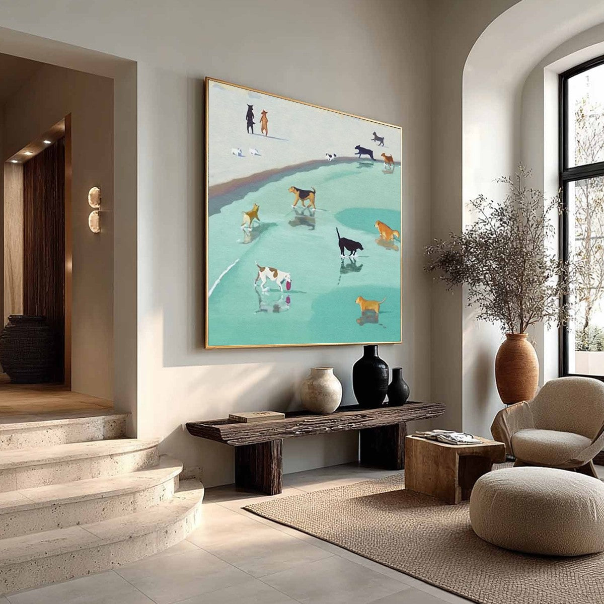 PAWS AT TIDE: Minimalist Dog Beach Scene Oil Painting