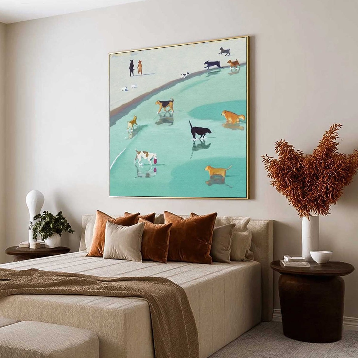 PAWS AT TIDE: Minimalist Dog Beach Scene Oil Painting