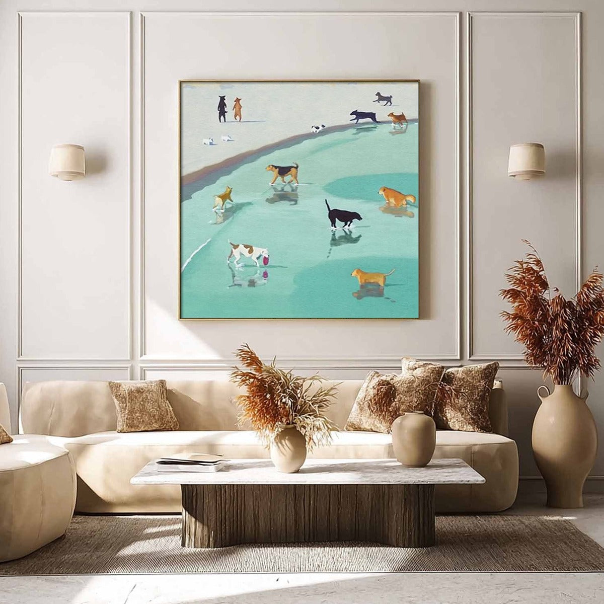 PAWS AT TIDE: Minimalist Dog Beach Scene Oil Painting