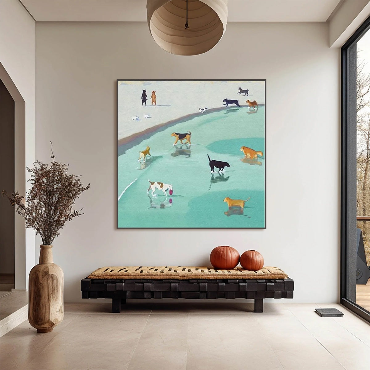 PAWS AT TIDE: Minimalist Dog Beach Scene Oil Painting