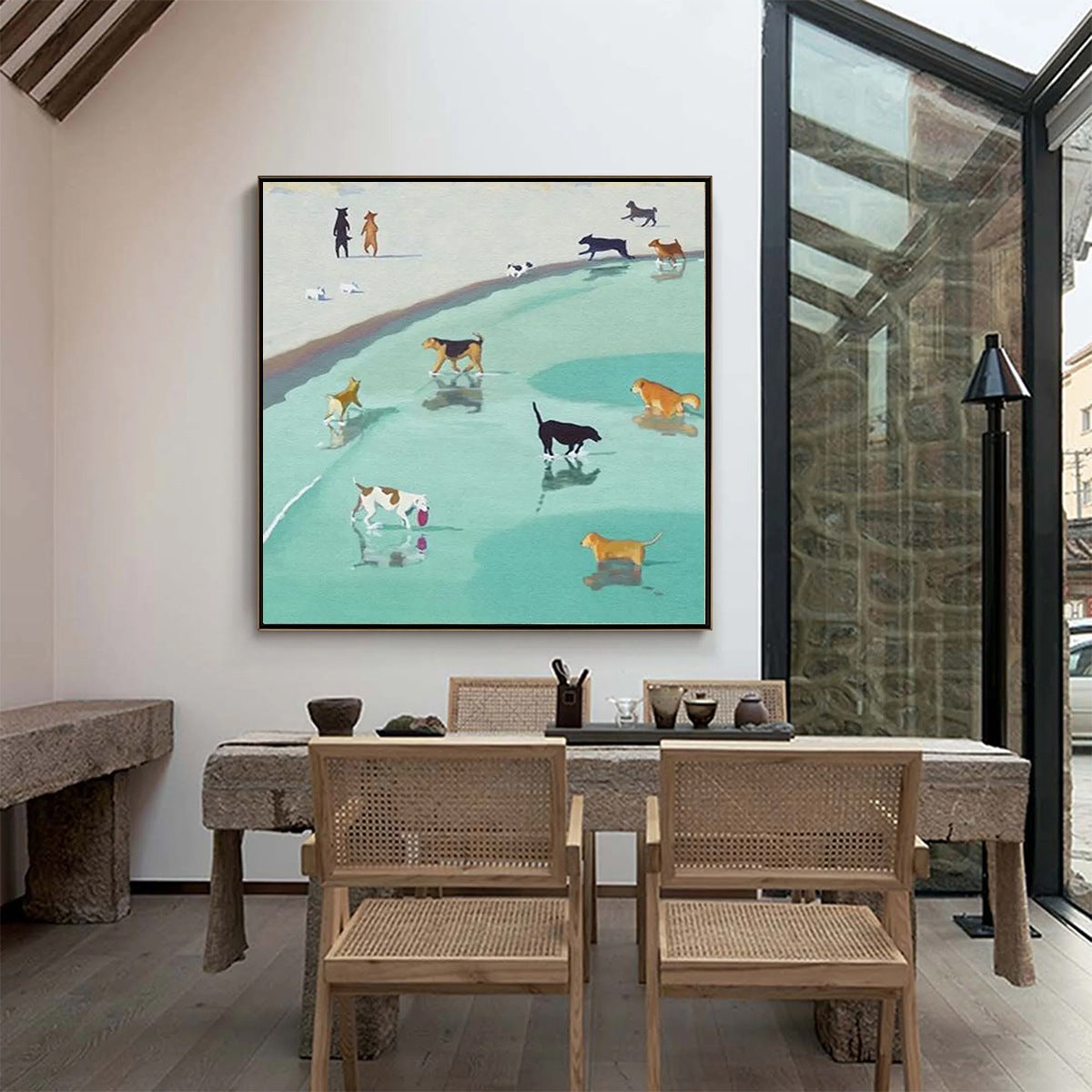 PAWS AT TIDE: Minimalist Dog Beach Scene Oil Painting