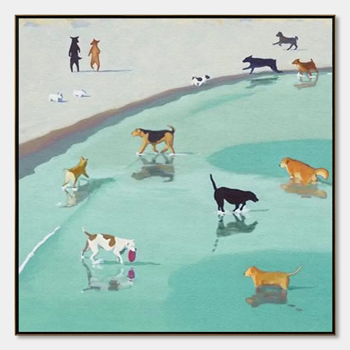 PAWS AT TIDE: Minimalist Dog Beach Scene Oil Painting