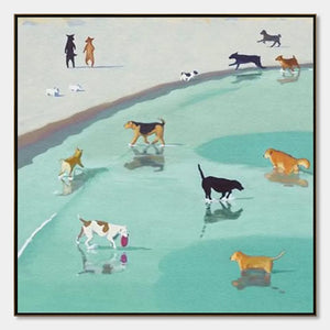 PAWS AT TIDE: Minimalist Dog Beach Scene Oil Painting