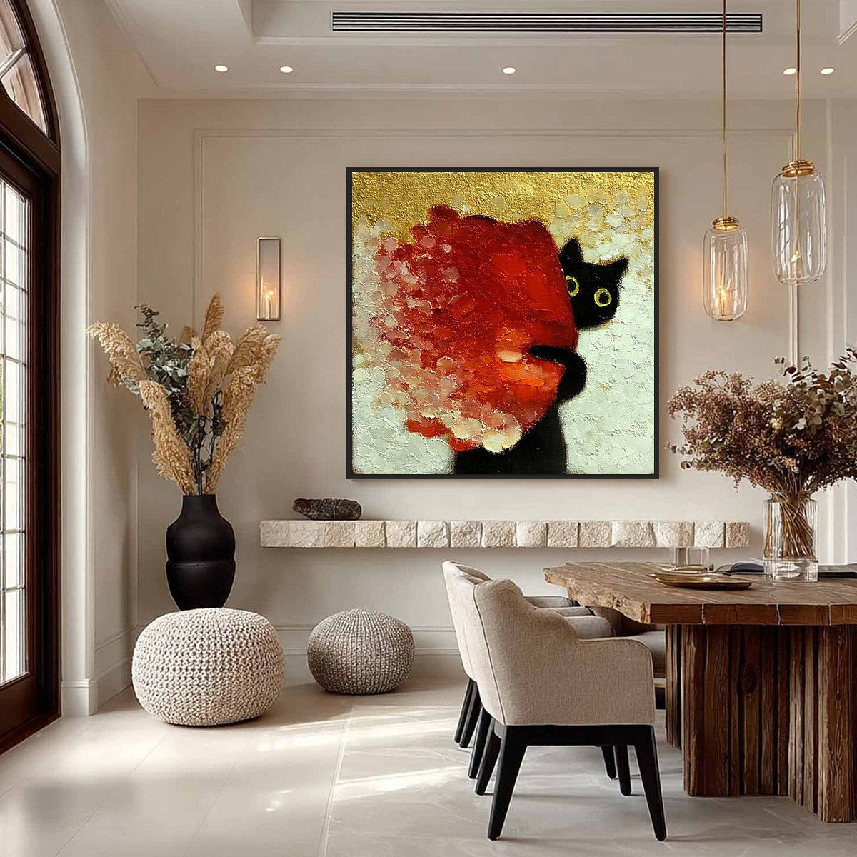 PEEKABOO: Textured Impasto Black Cat and Red Flower Painting