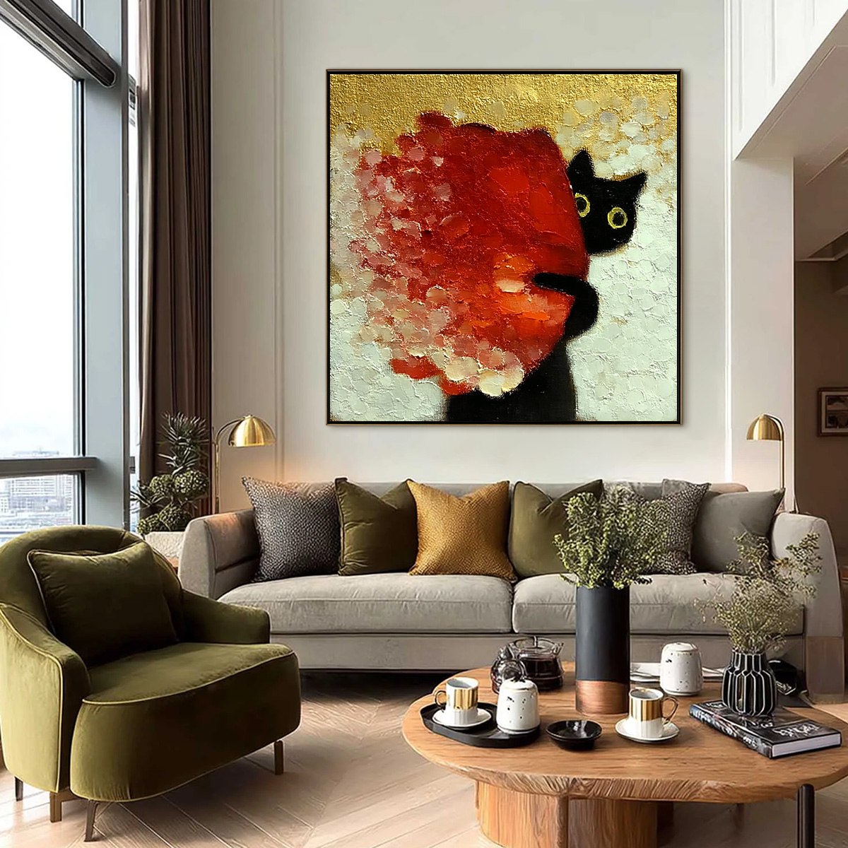 PEEKABOO: Textured Impasto Black Cat and Red Flower Painting