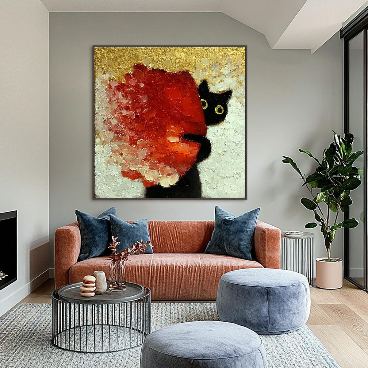 PEEKABOO: Textured Impasto Black Cat and Red Flower Painting