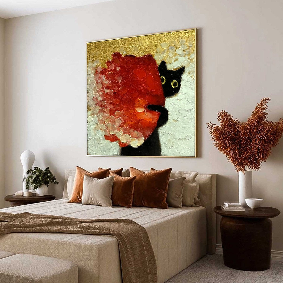 PEEKABOO: Textured Impasto Black Cat and Red Flower Painting