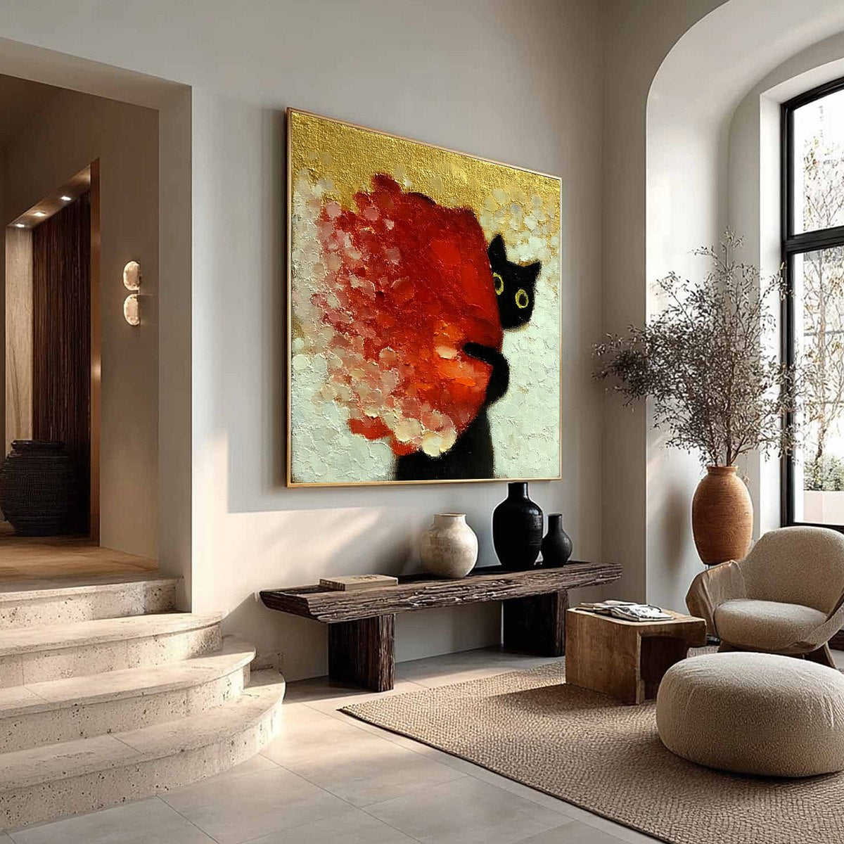 PEEKABOO: Textured Impasto Black Cat and Red Flower Painting