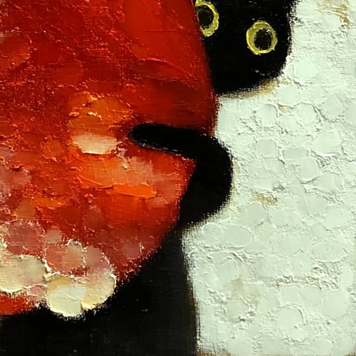 PEEKABOO: Textured Impasto Black Cat and Red Flower Painting