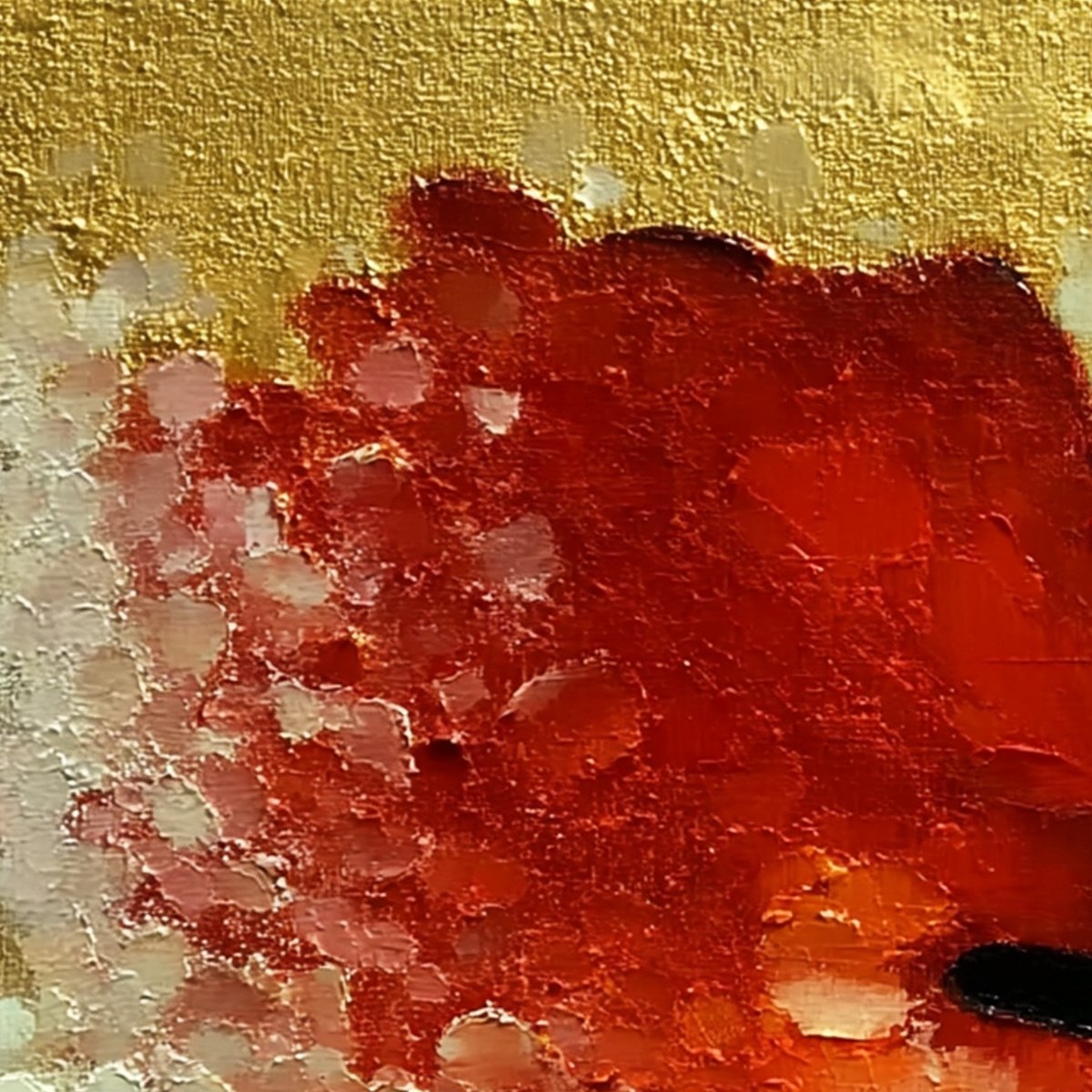 PEEKABOO: Textured Impasto Black Cat and Red Flower Painting