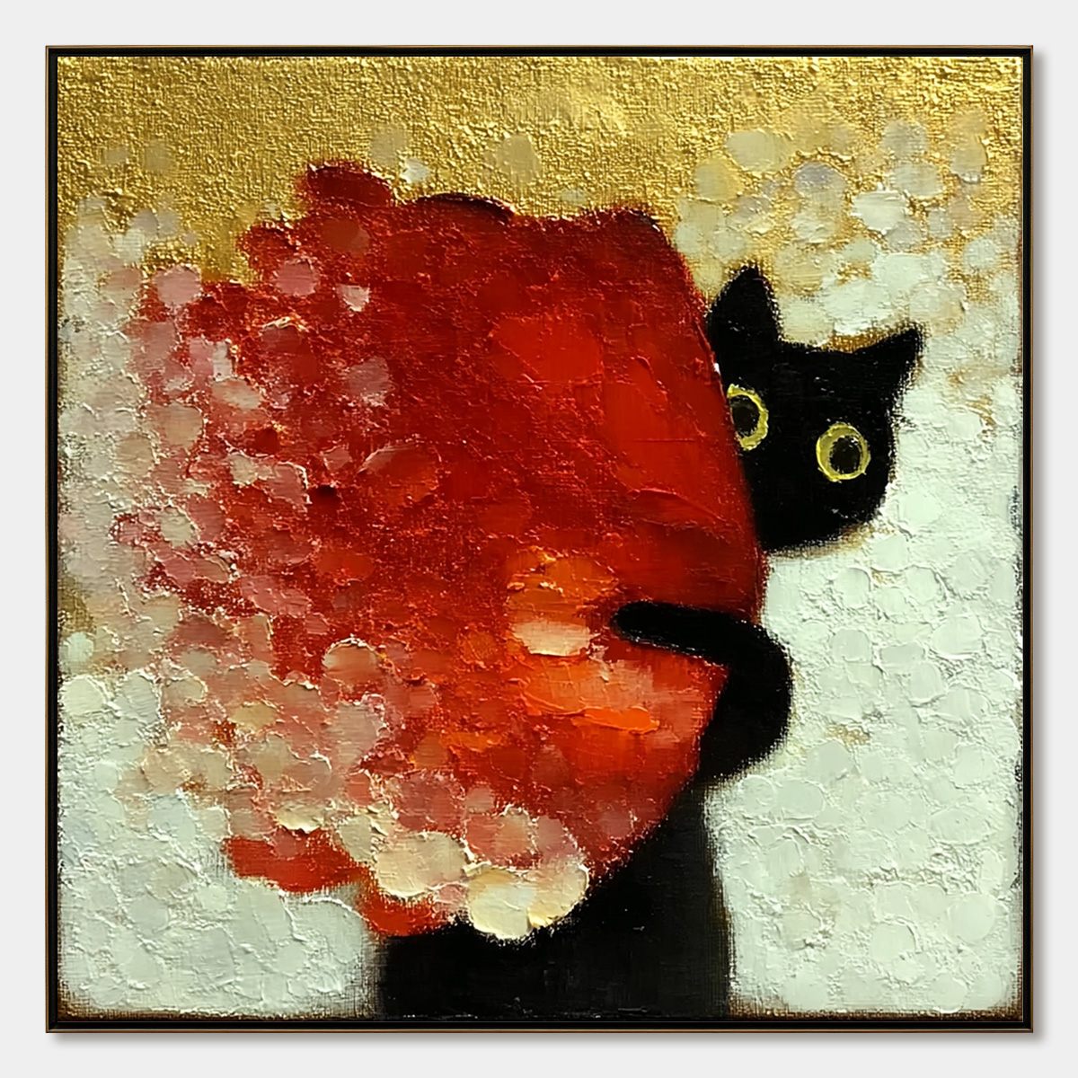 PEEKABOO: Textured Impasto Black Cat and Red Flower Painting