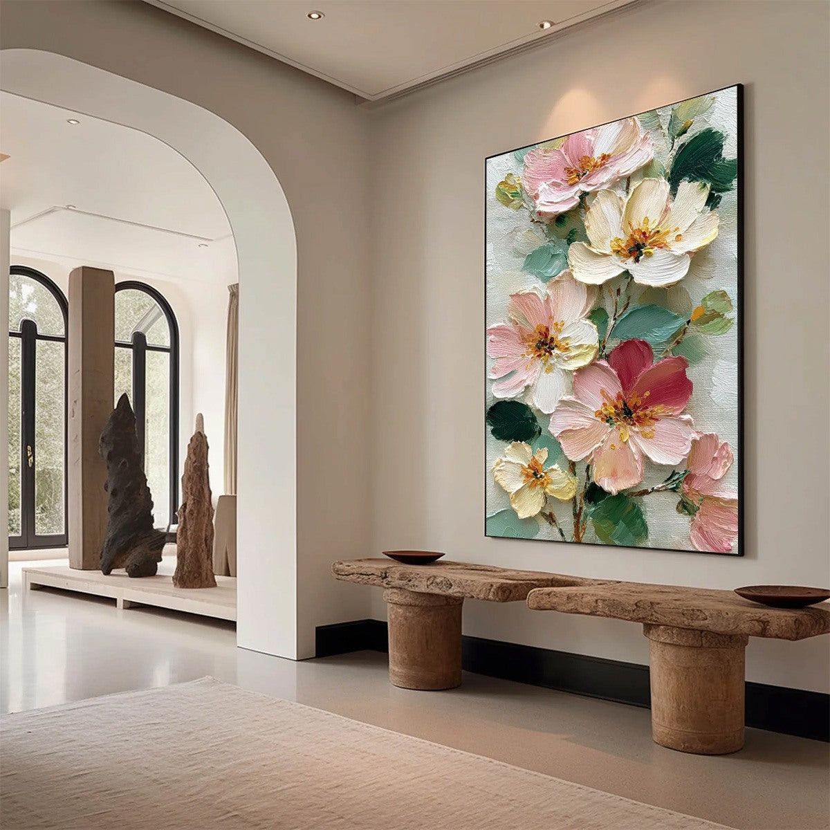 PETAL SERENADE: Vertical Textured Impasto Floral Oil Painting