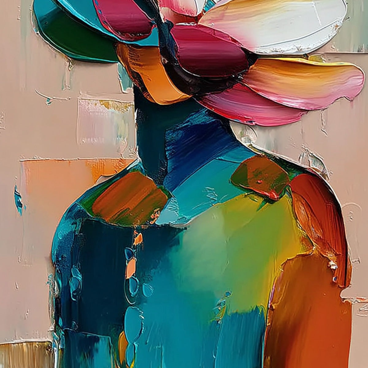 PETALED PERSONA: Colorful Abstract Floral Portrait Impasto Painting