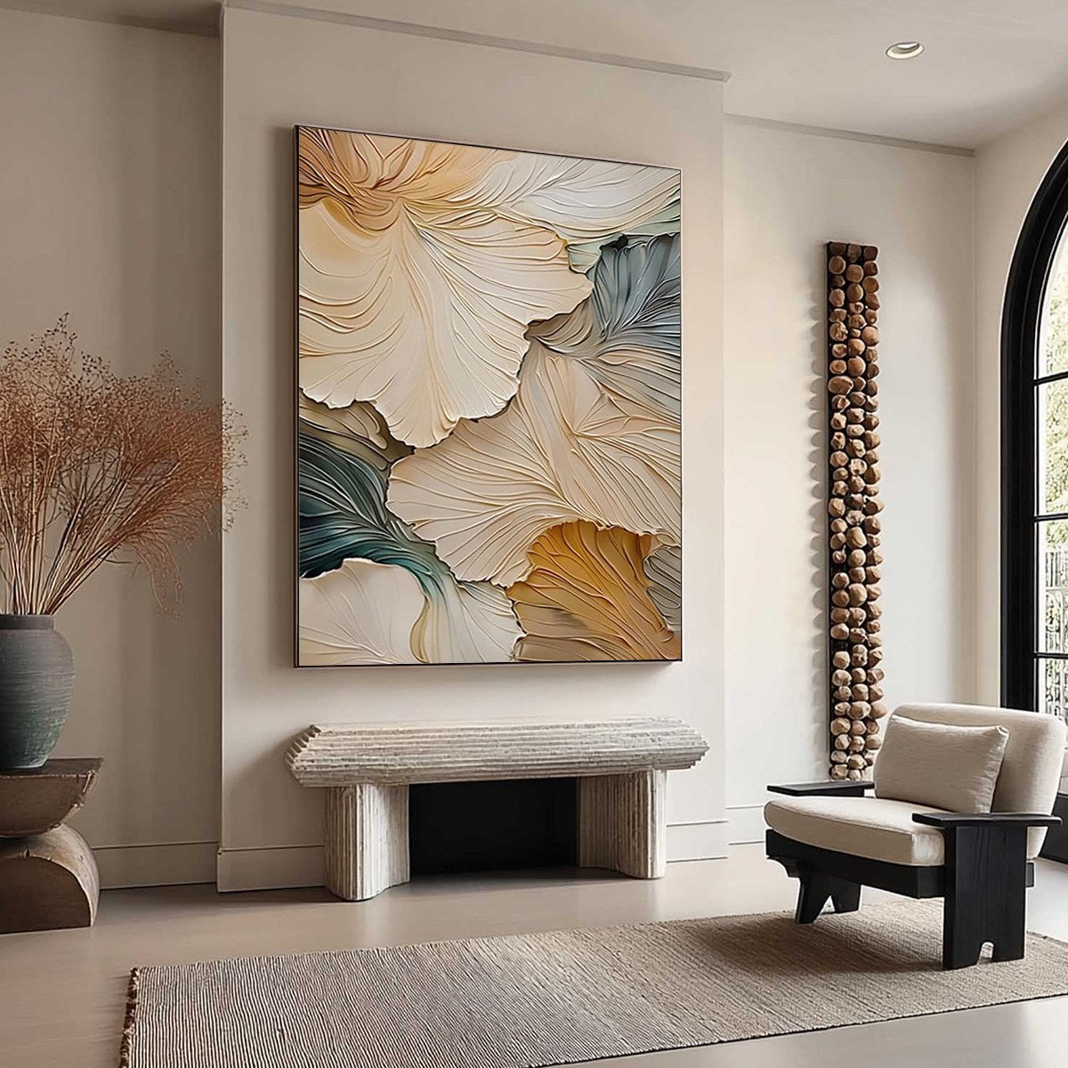 Petal Whisper floral oil painting, beige impressionist wall art