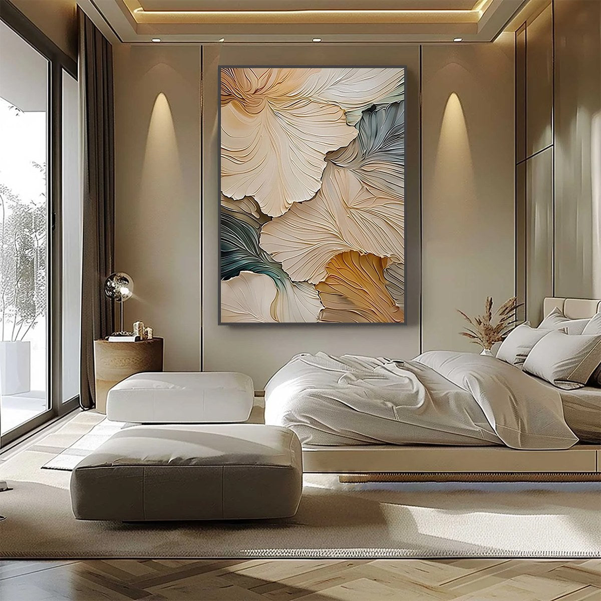 Petal Whisper floral oil painting, beige impressionist wall art