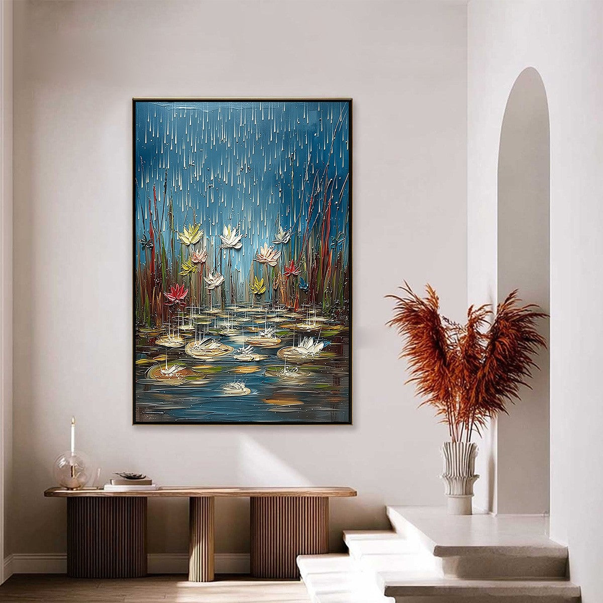 PETRICHOR BLOSSOMS: Textured Impasto Painting of Water Lilies in the Rain