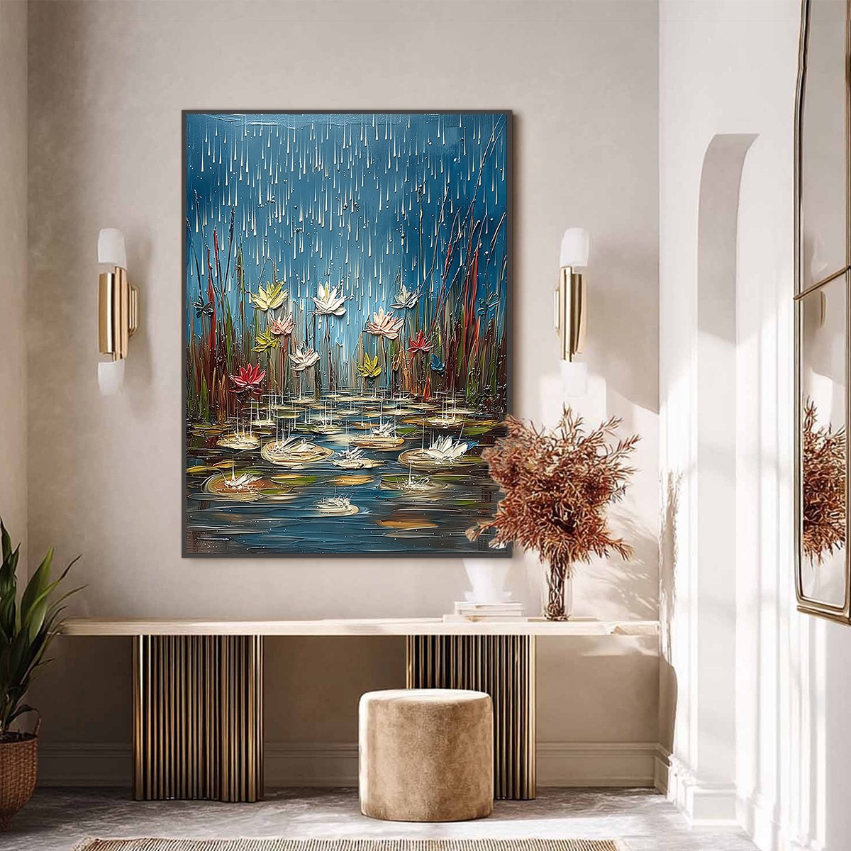 PETRICHOR BLOSSOMS: Textured Impasto Painting of Water Lilies in the Rain