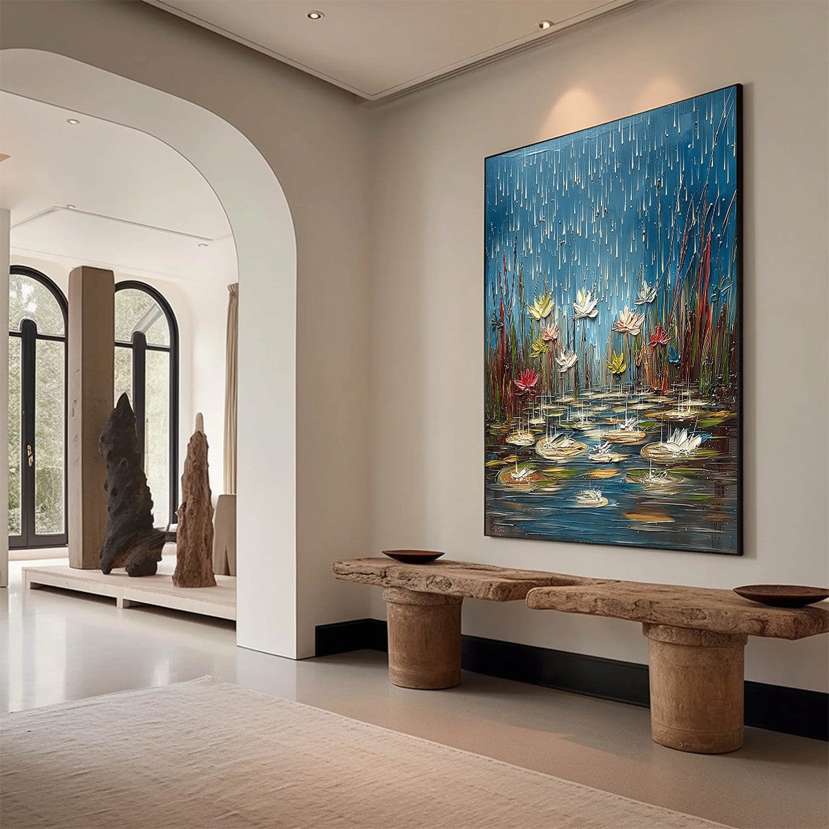 PETRICHOR BLOSSOMS: Textured Impasto Painting of Water Lilies in the Rain