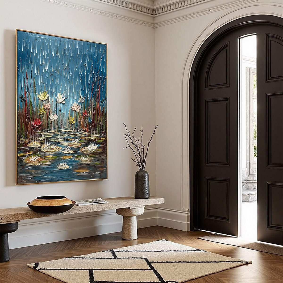 PETRICHOR BLOSSOMS: Textured Impasto Painting of Water Lilies in the Rain