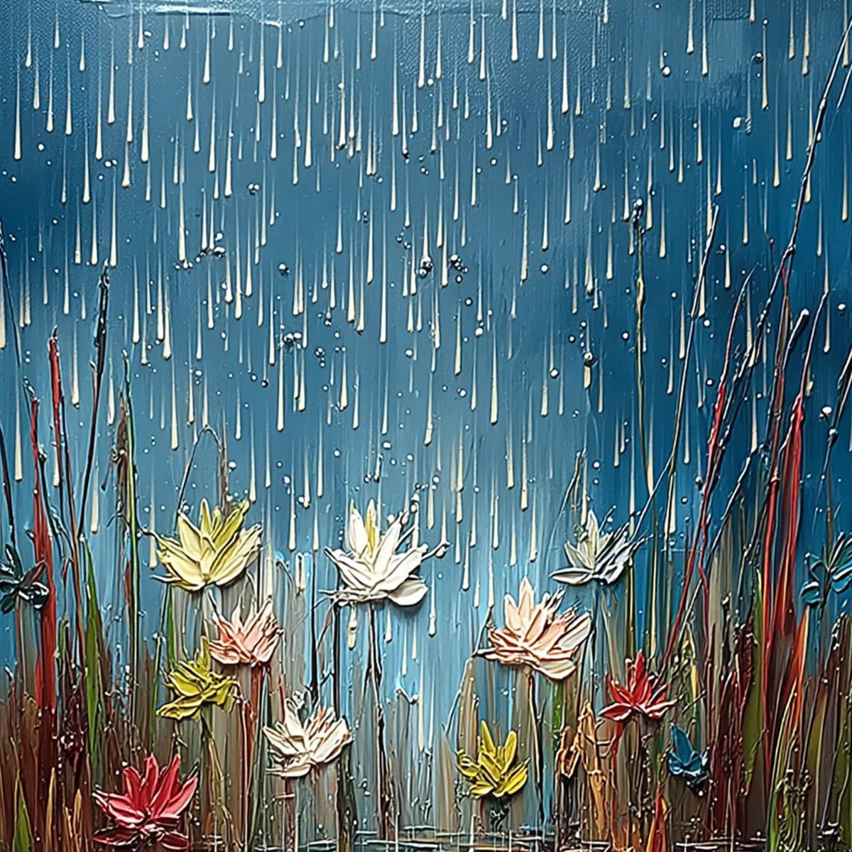 PETRICHOR BLOSSOMS: Textured Impasto Painting of Water Lilies in the Rain