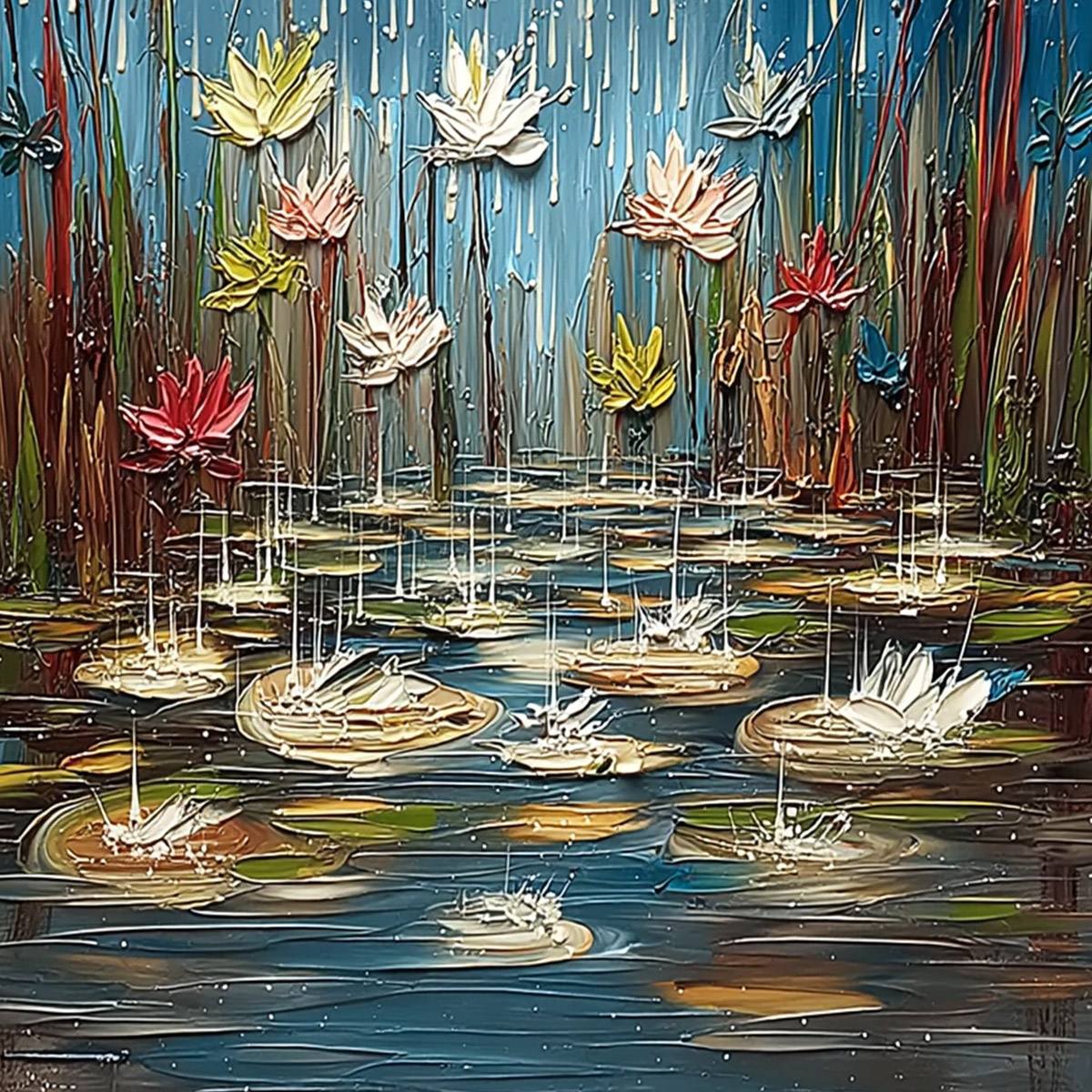 PETRICHOR BLOSSOMS: Textured Impasto Painting of Water Lilies in the Rain