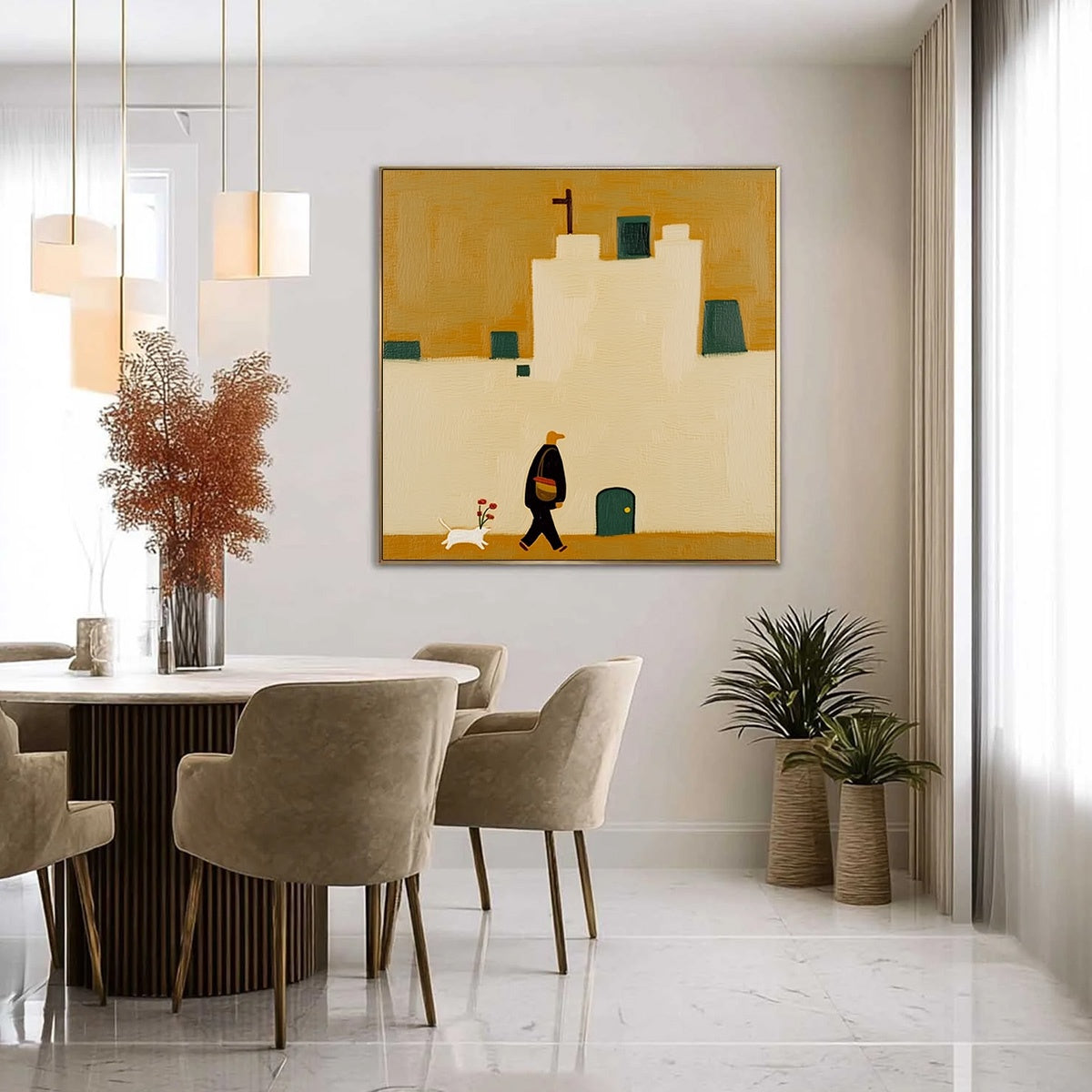 PILGRIM'S PATH: Minimalist Figurative Painting of a Spanish Village Scene