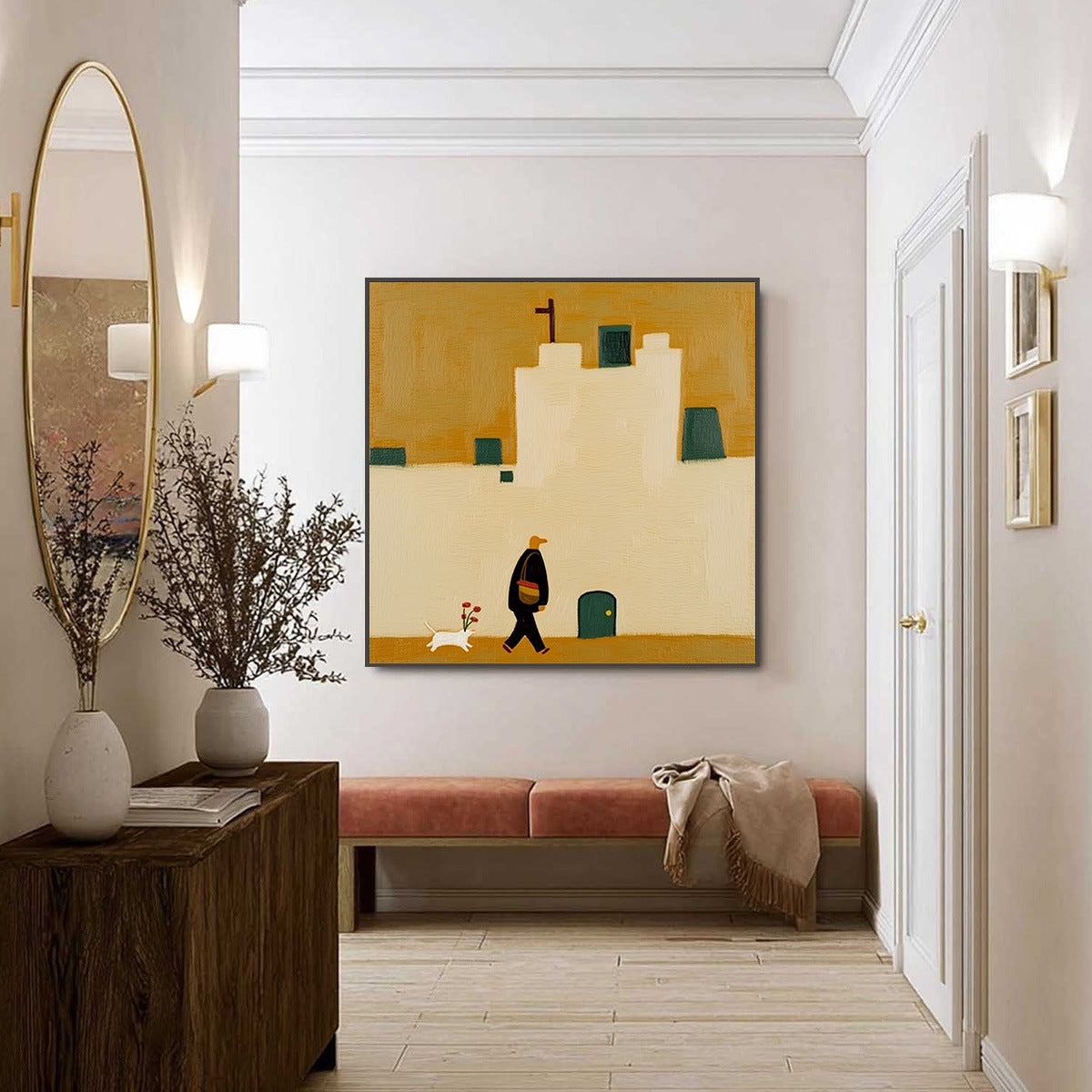 PILGRIM'S PATH: Minimalist Figurative Painting of a Spanish Village Scene