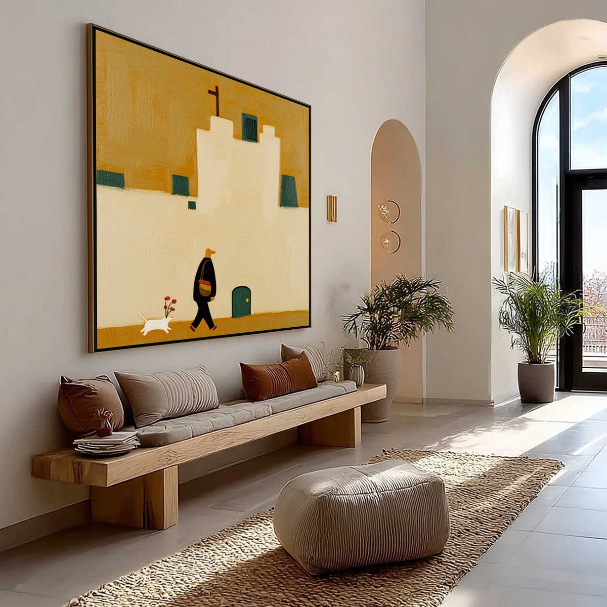 PILGRIM'S PATH: Minimalist Figurative Painting of a Spanish Village Scene
