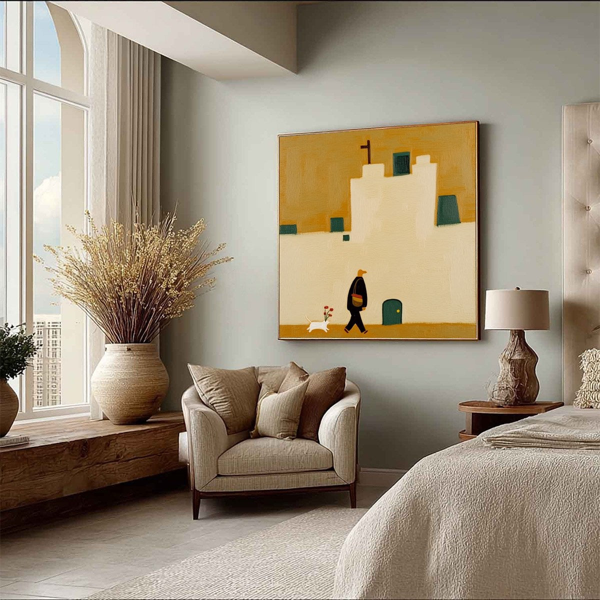 PILGRIM'S PATH: Minimalist Figurative Painting of a Spanish Village Scene