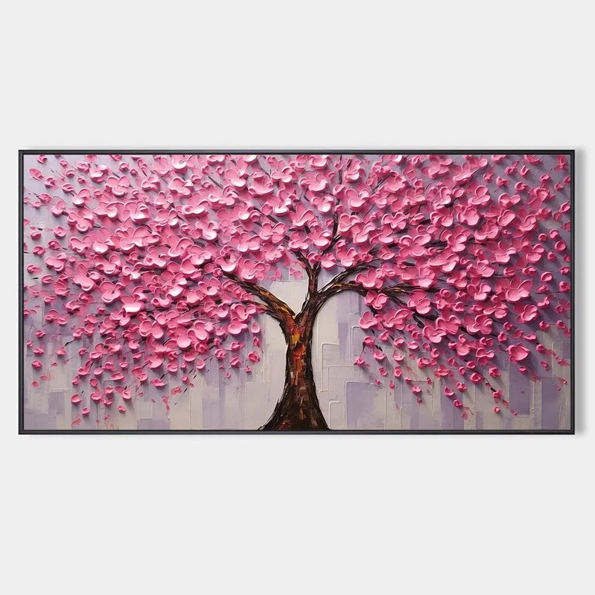 Textured Impasto Cherry Blossom Tree Painting, Horizontal Wall Art