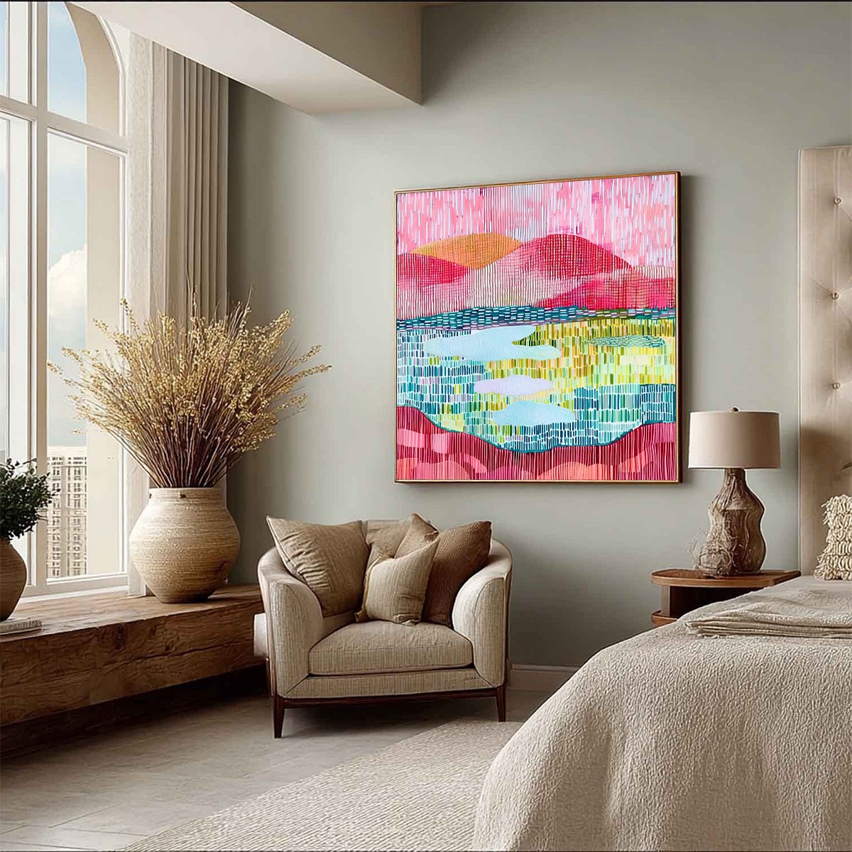 PIXELATED DAWN: Colorful Textured Abstract Landscape Wall Art