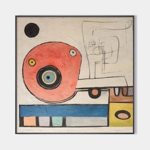 Abstract painting Playful Truck by Willow Davies, square wall art with red, yellow, and blue colors.