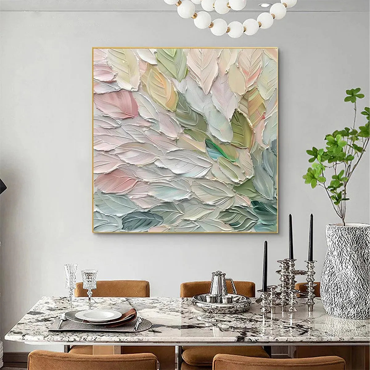 Pastel Dream impasto painting by Elodie Dubois, with pastel-colored textured leaves, ideal for modern home decor.