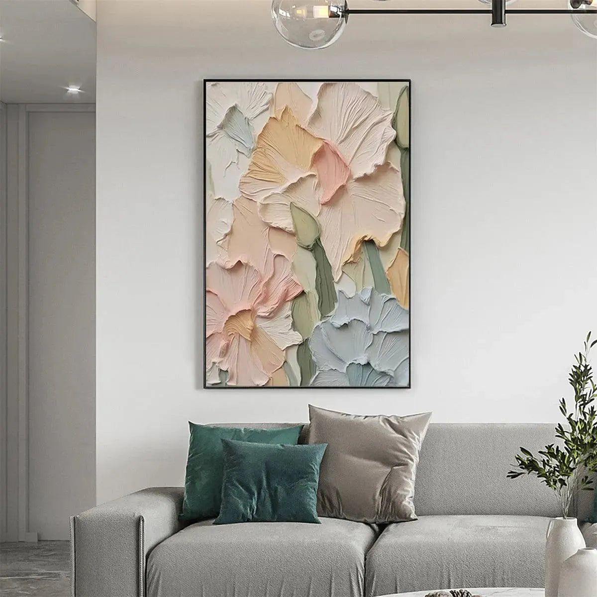 Textured impasto floral painting, 3D peach, pink, cream, blue flowers. Room decor.