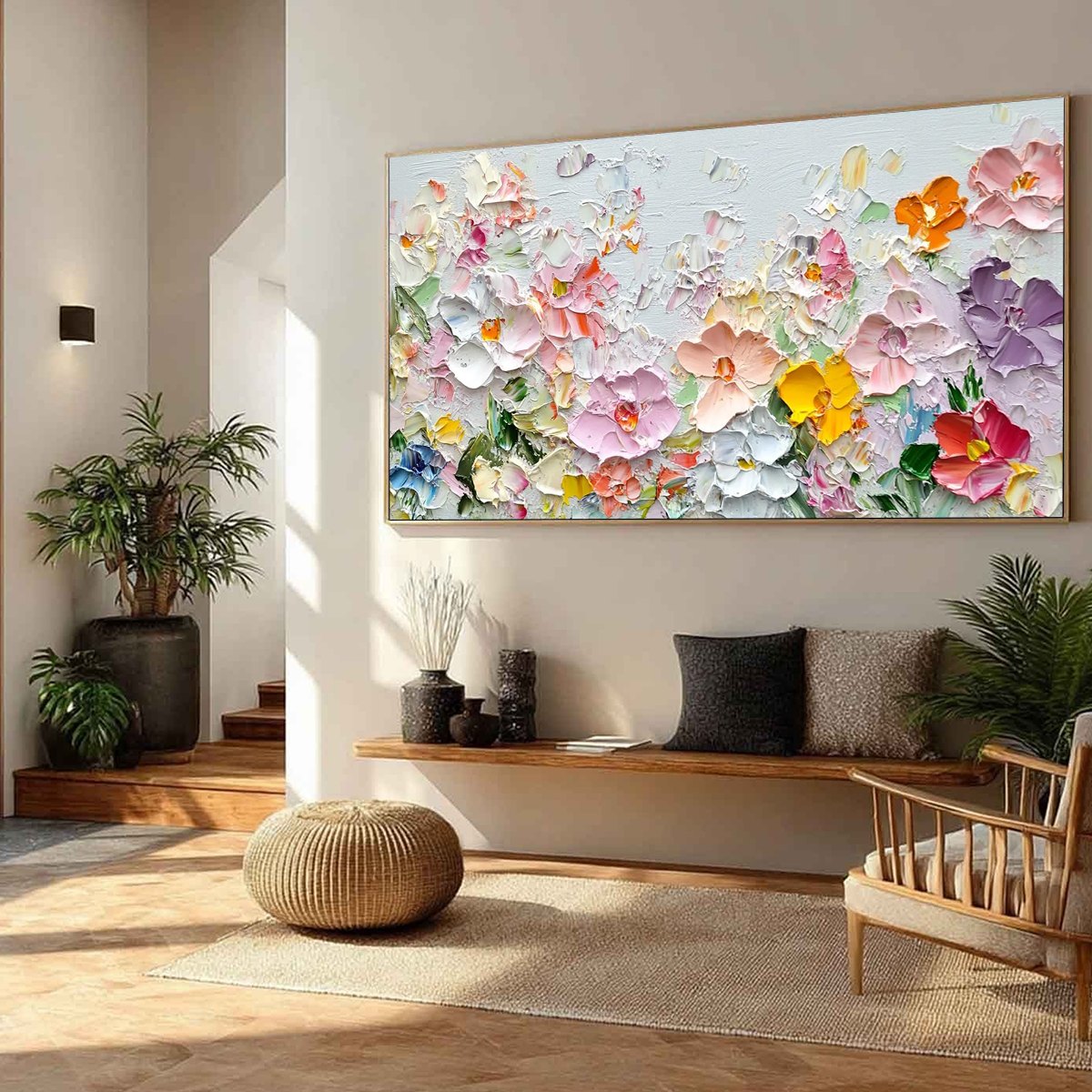 Petal Rain impasto floral oil painting – colorful textured wall art