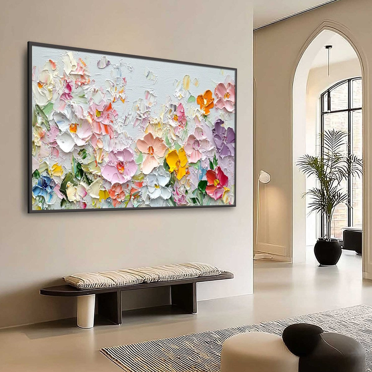 Petal Rain impasto floral oil painting – colorful textured wall art