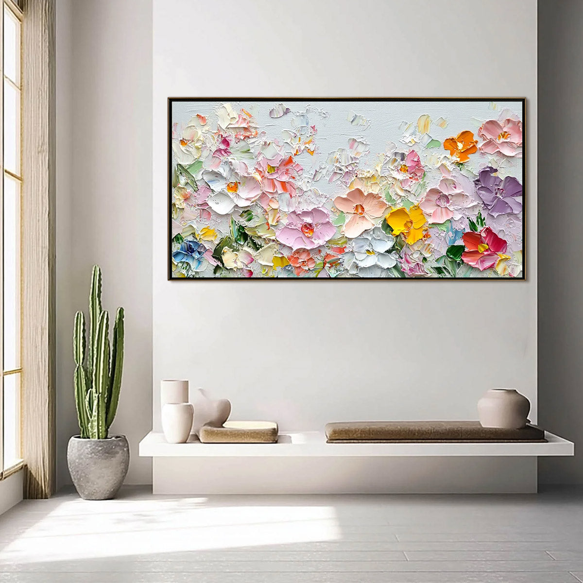 Petal Rain impasto floral oil painting – colorful textured wall art