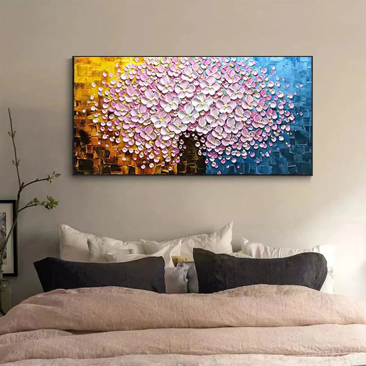 Pink Blossom Dream textured impasto painting with pink white blossoms displayed above bedroom headboard.