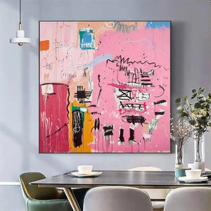 PINK EXPRESSION abstract expressionist wall art, vibrant pink, bold black lines, colorful accents, in a modern dining room.