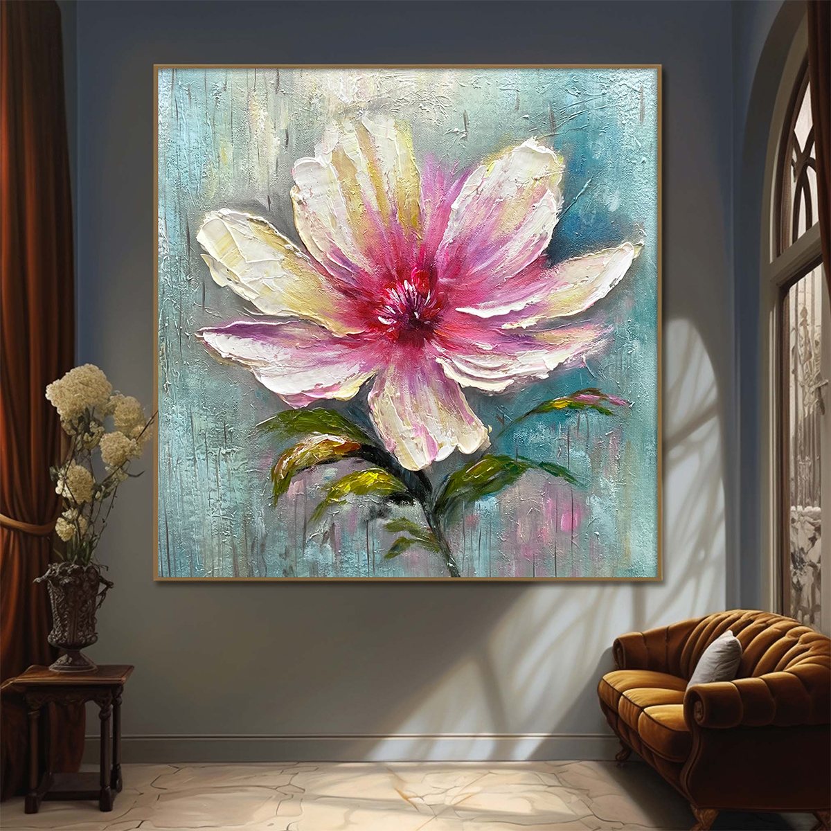 Blushing Bloom: Pink Flower Impasto Oil Painting Canvas Wall Art Home Decor