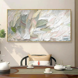 Pink Whispers painting by Elodie Dubois. Framed abstract art in pink, white, and green for elegant dining room decor.