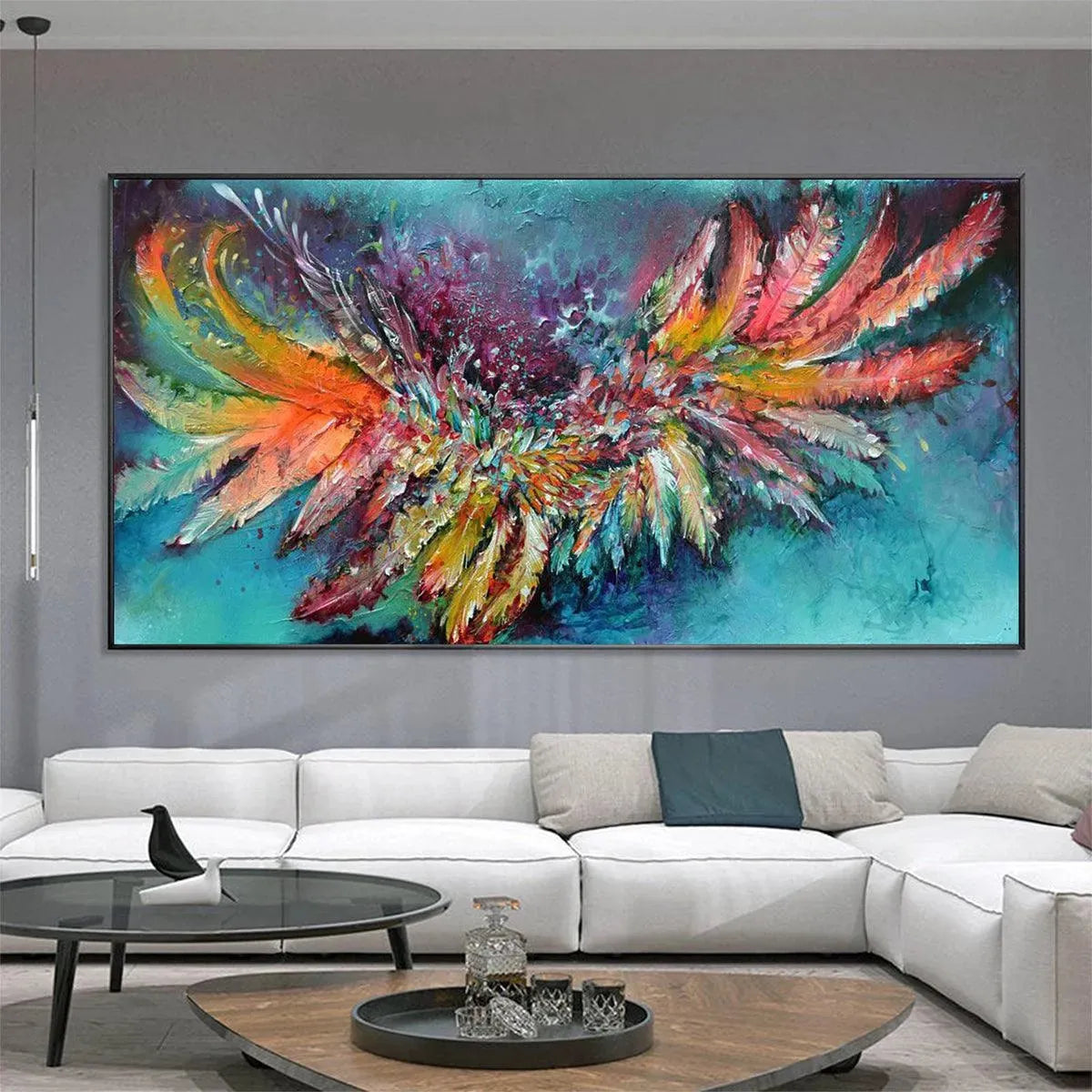 Plumage Fire: Vibrant Abstract Feather Oil Painting on Canvas