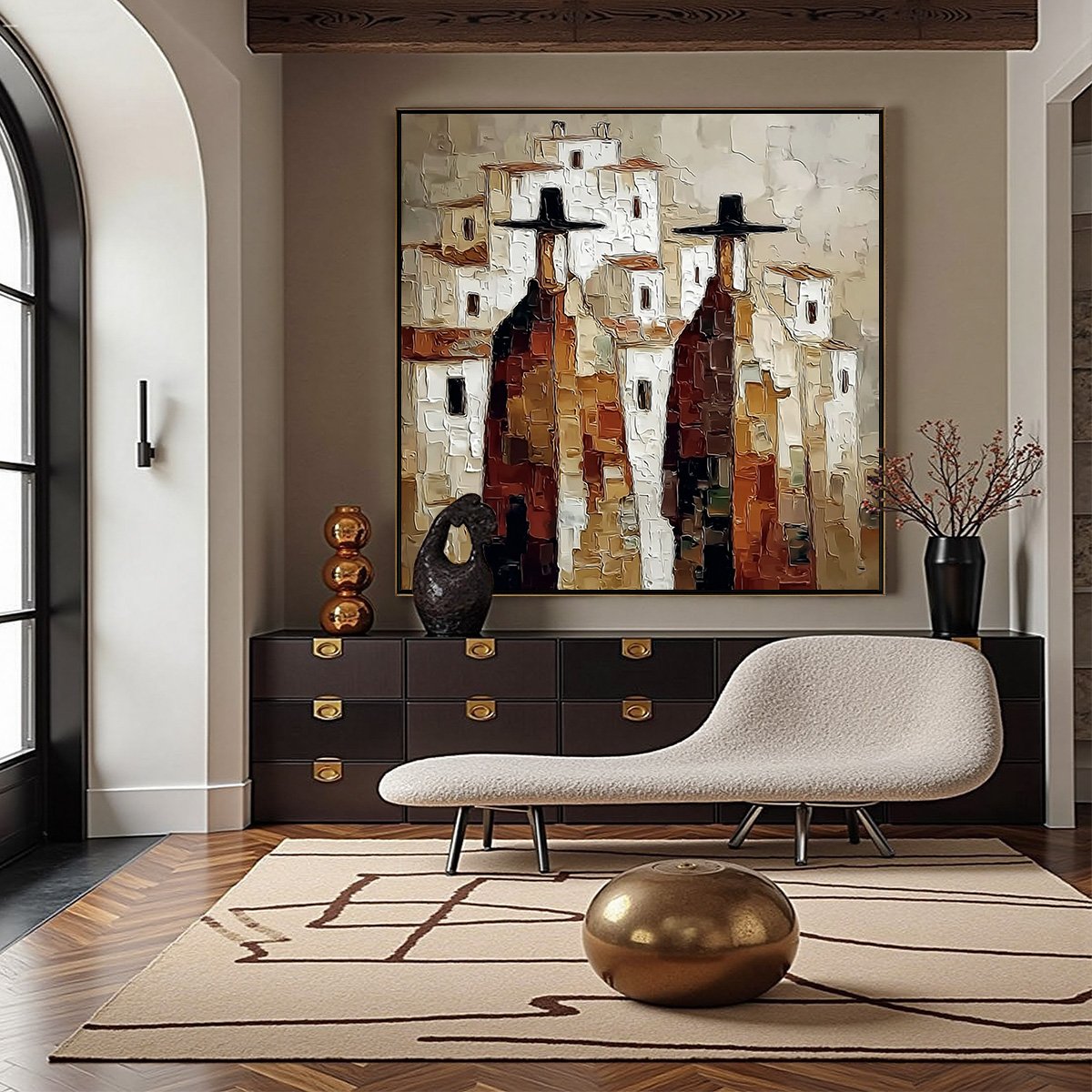 Pueblo Vigilantes Textured Abstract Cityscape Oil Painting