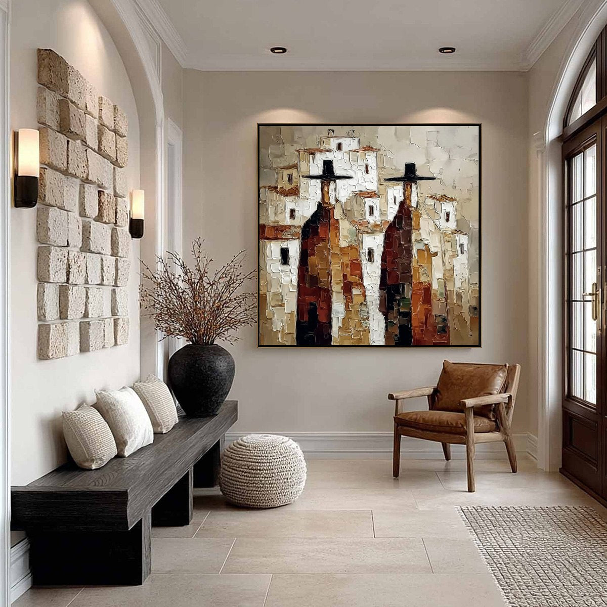 Pueblo Vigilantes Textured Abstract Cityscape Oil Painting