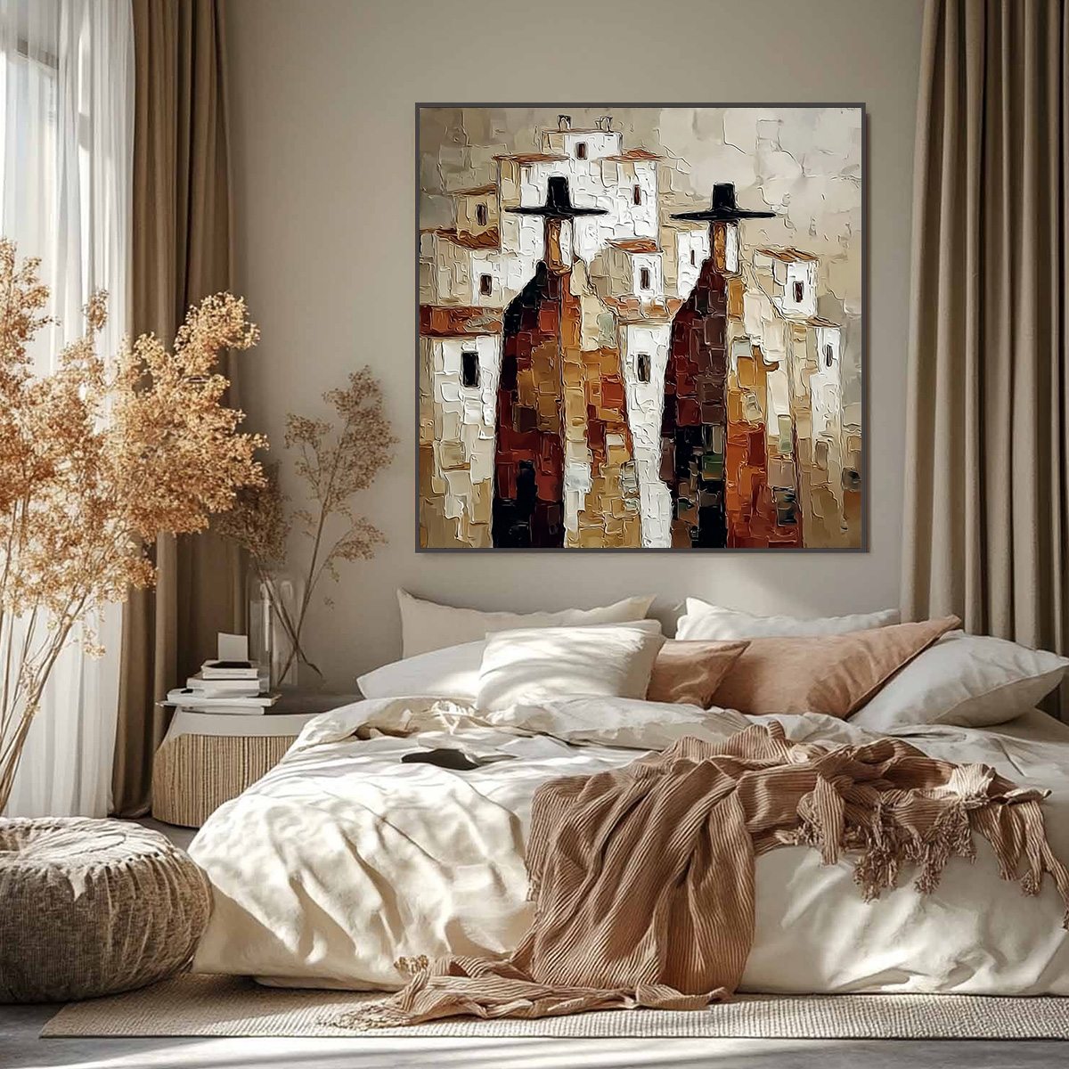 Pueblo Vigilantes Textured Abstract Cityscape Oil Painting